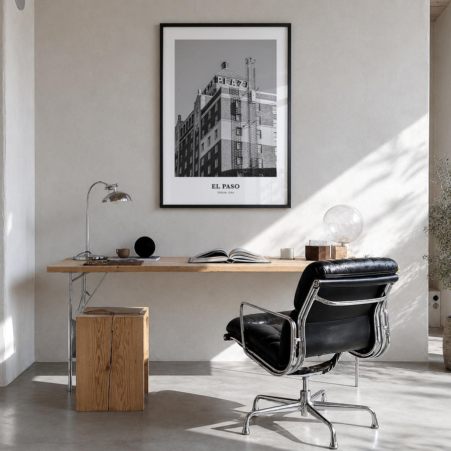 El Paso no. 1 black & white classic poster of Texas, USA – vertical wall art in black wood frame, hanging on wall
