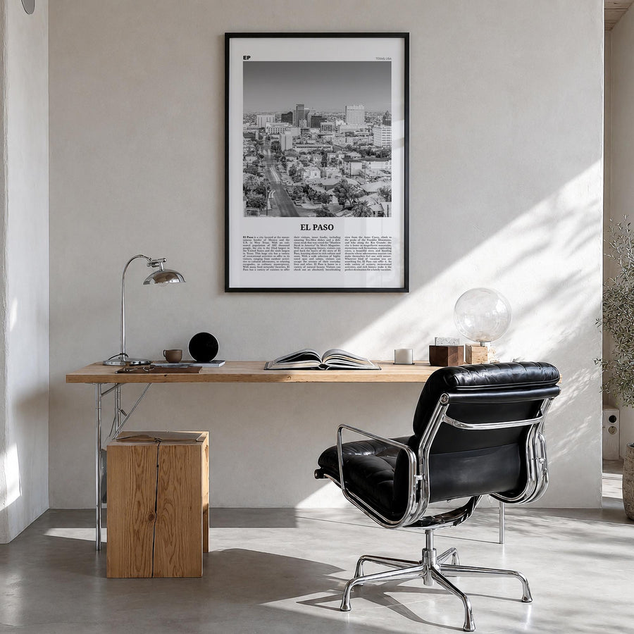 El Paso no. 1 black & white newspaper poster of Texas, USA – vertical wall art in black wood frame, hanging on wall