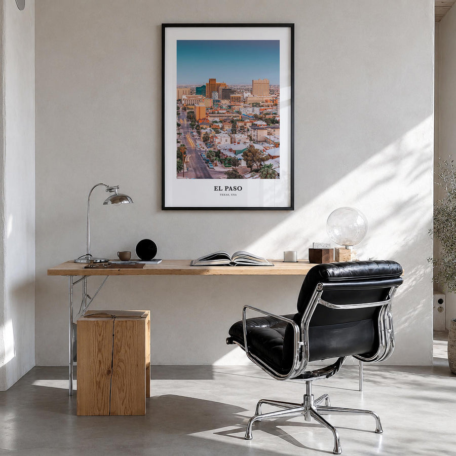 El Paso no. 1 colorful classic poster of Texas, USA – vertical wall art in black wood frame, hanging on wall