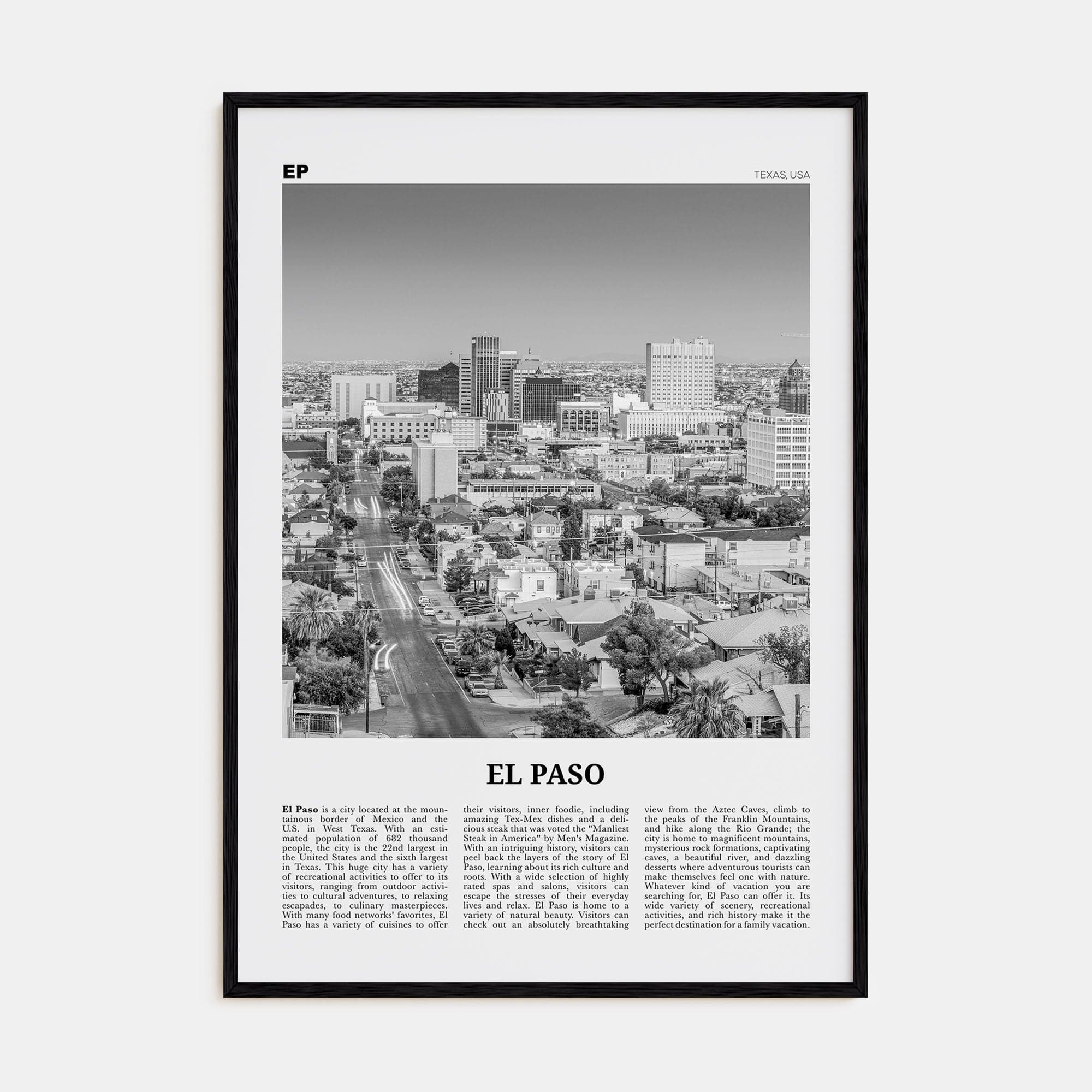 El Paso No 1 Poster Black Wood / 8x12 in Nbourhood Travel B&W Poster