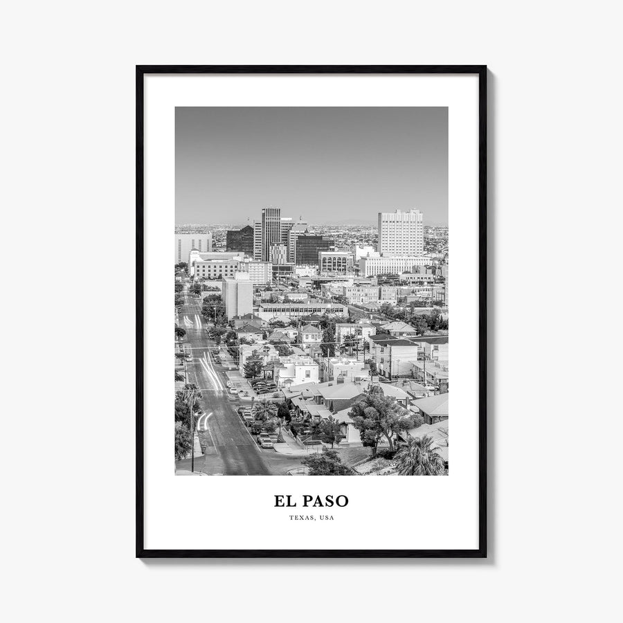 El Paso no. 2 black & white classic poster of Texas, USA – vertical wall art, unframed print shown in interior mockup