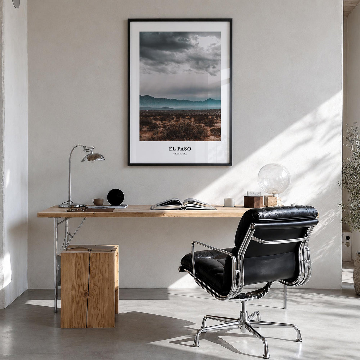 El Paso no. 2 colorful classic poster of Texas, USA – vertical wall art in black wood frame, hanging on wall