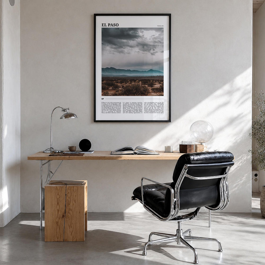 El Paso no. 2 colorful travel poster of Texas, USA – vertical wall art in black wood frame, hanging on wall
