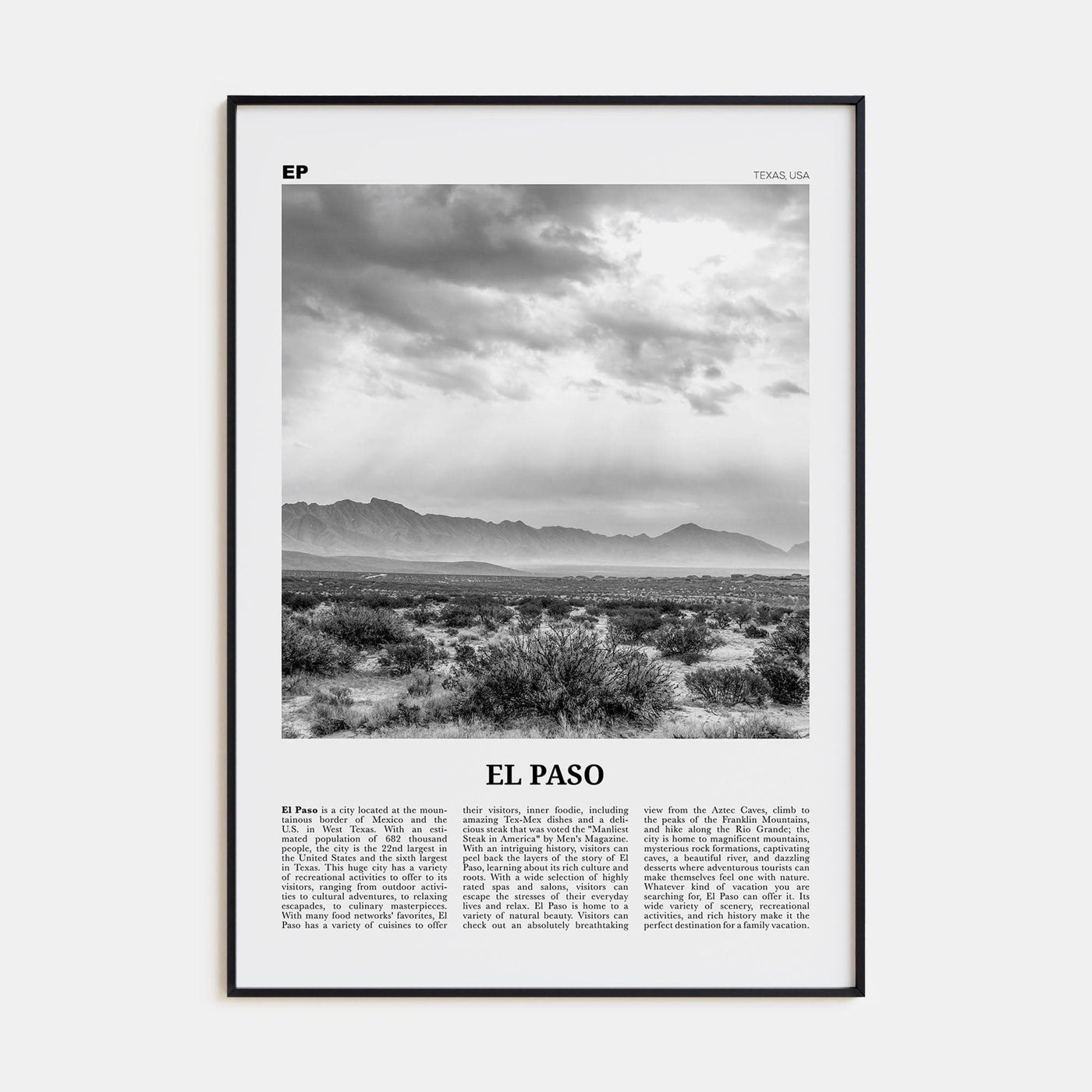 El Paso No 2 Poster Black Metal / 8x12 in Nbourhood Travel B&W Poster