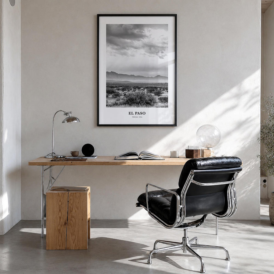 El Paso no. 3 black & white classic poster of Texas, USA – vertical wall art in black wood frame, hanging on wall