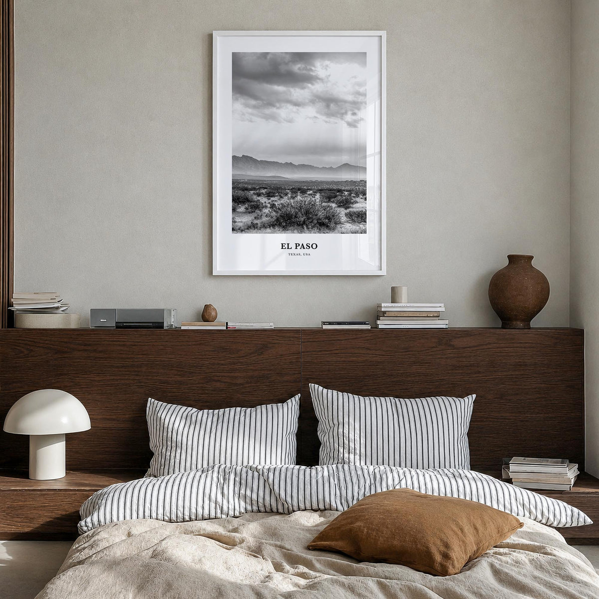 El Paso no. 3 black & white classic poster of Texas, USA – vertical wall art in white wood frame, hanging on wall