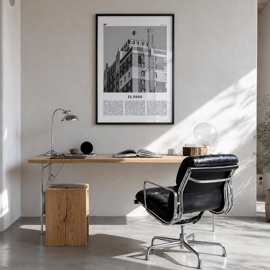 El Paso no. 3 black & white newspaper poster of Texas, USA – vertical wall art in black wood frame, hanging on wall