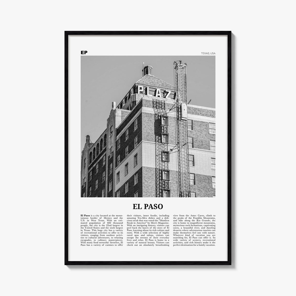 El Paso no. 3 black & white newspaper poster of Texas, USA – vertical wall art, unframed print shown in interior mockup