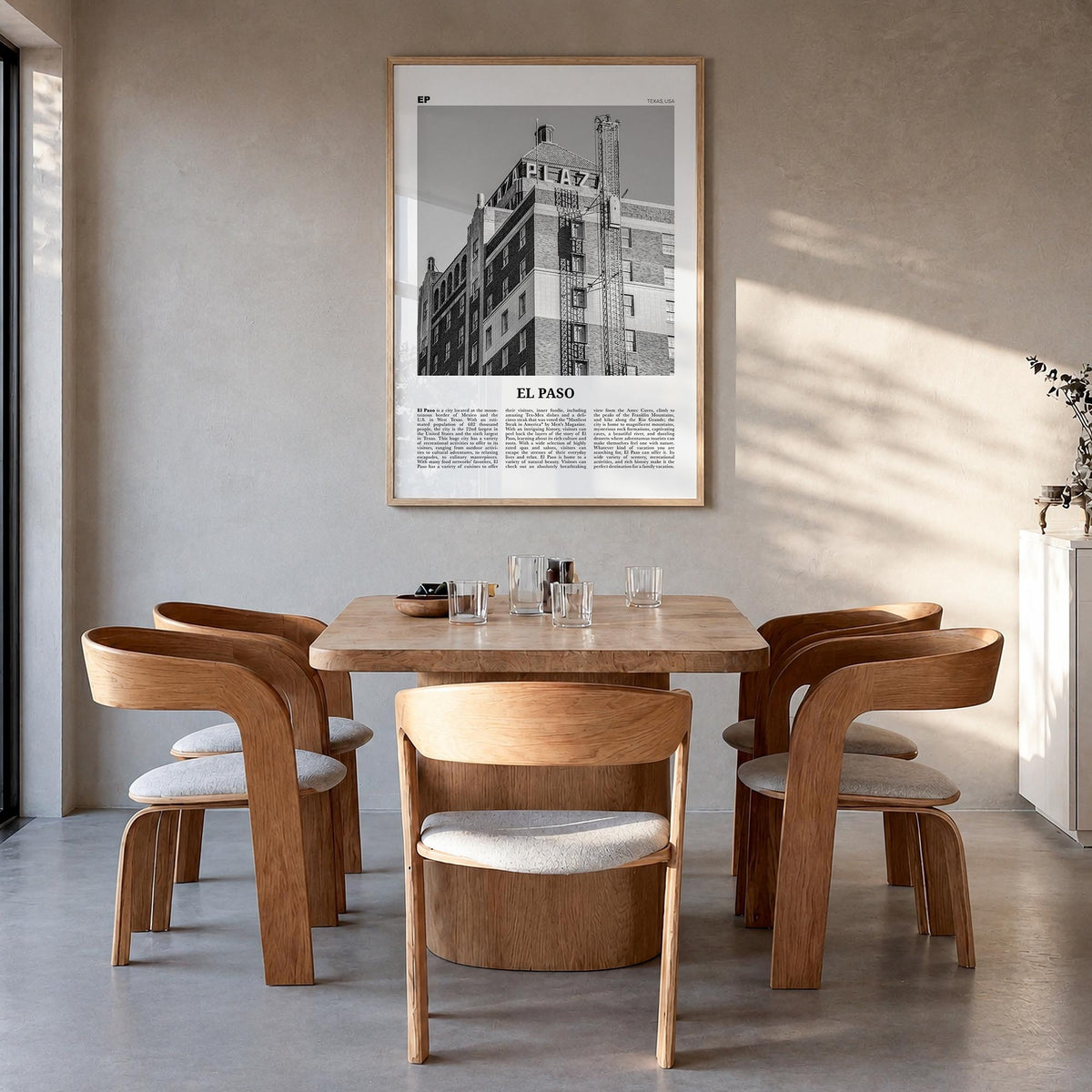 El Paso no. 3 black & white newspaper poster of Texas, USA – vertical wall art in natural wood frame, hanging on wall
