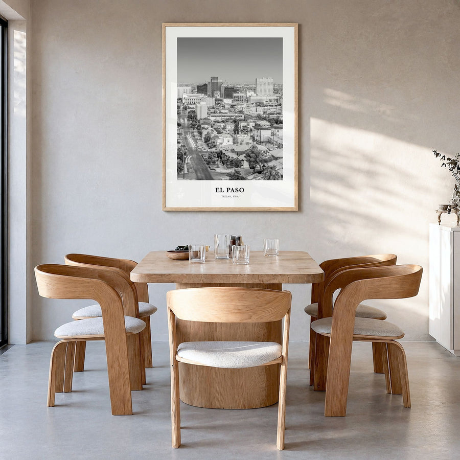 El Paso Classic No 2 Poster in a natural wood frame, hanging in a dining room