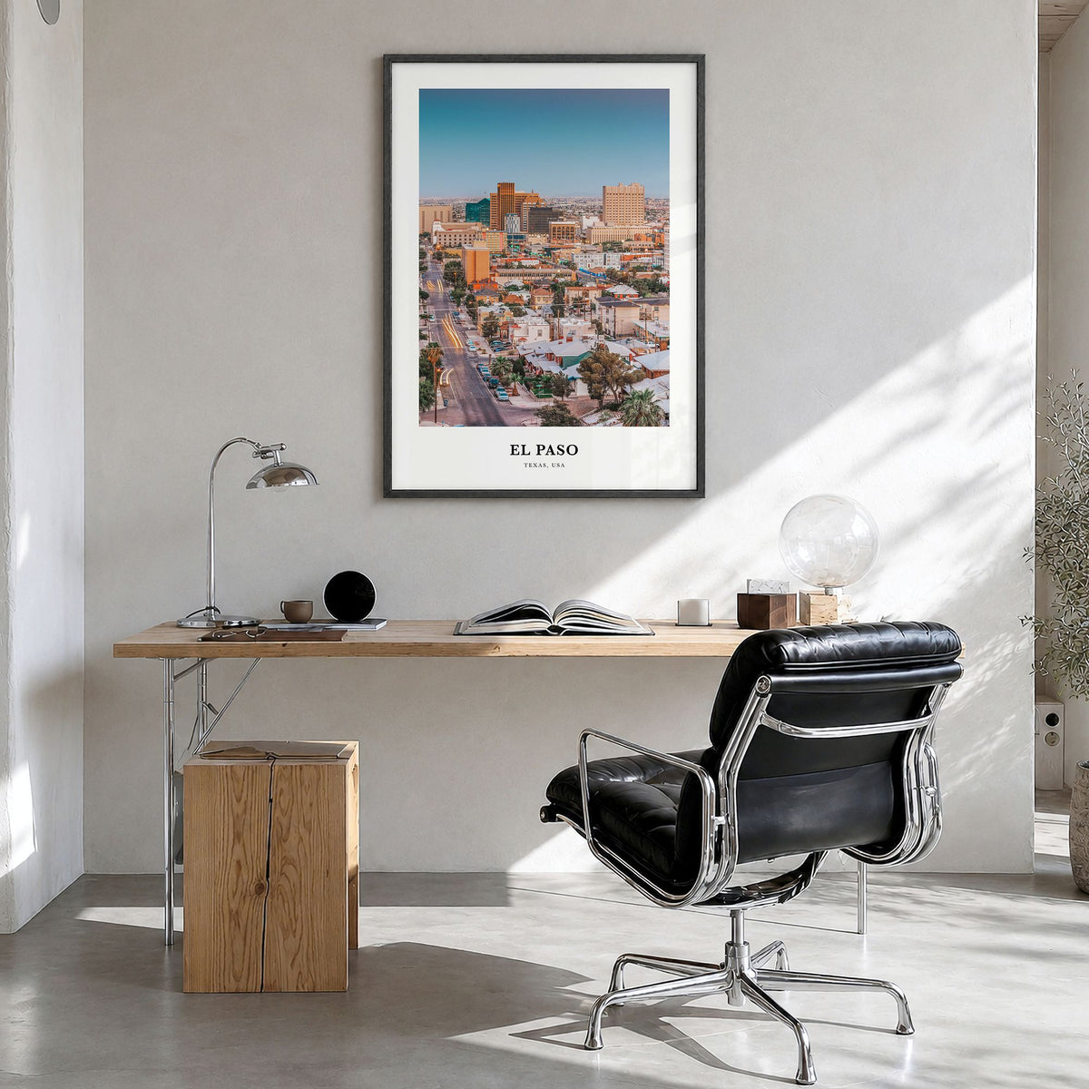 El Paso Classic No 1 Poster in a black wood frame, hanging in a bright home office