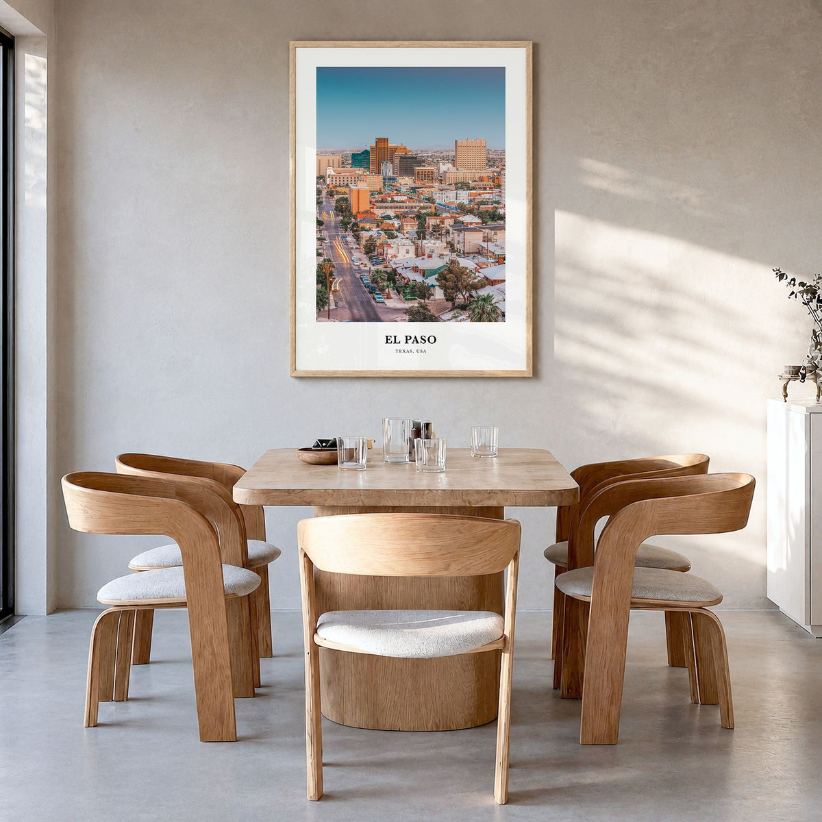 El Paso Classic No 1 Poster in a natural wood frame, hanging in a dining room