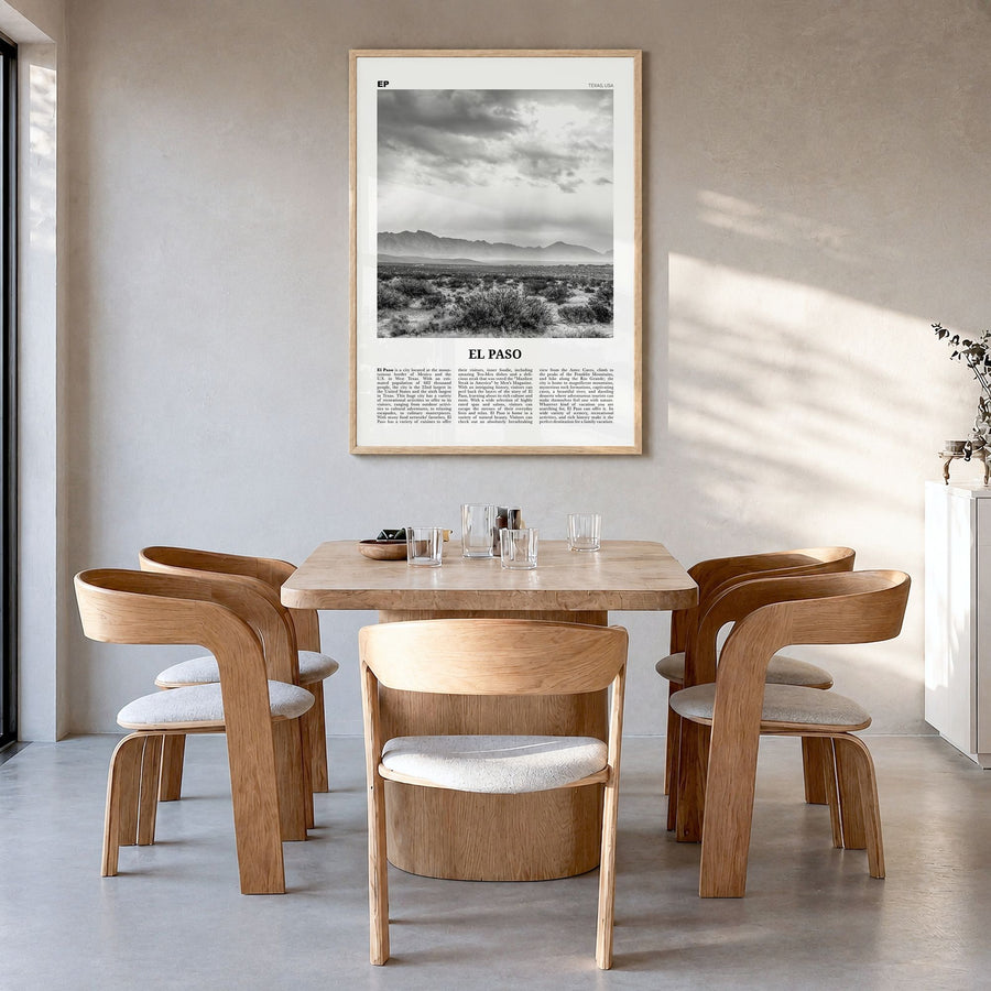 El Paso Newspaper No 2 Poster in a natural wood frame, hanging in a dining room