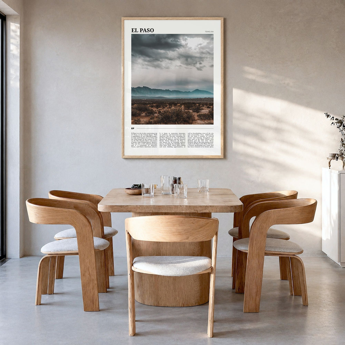 El Paso Travel No 2 Poster in a natural wood frame, hanging in a dining room