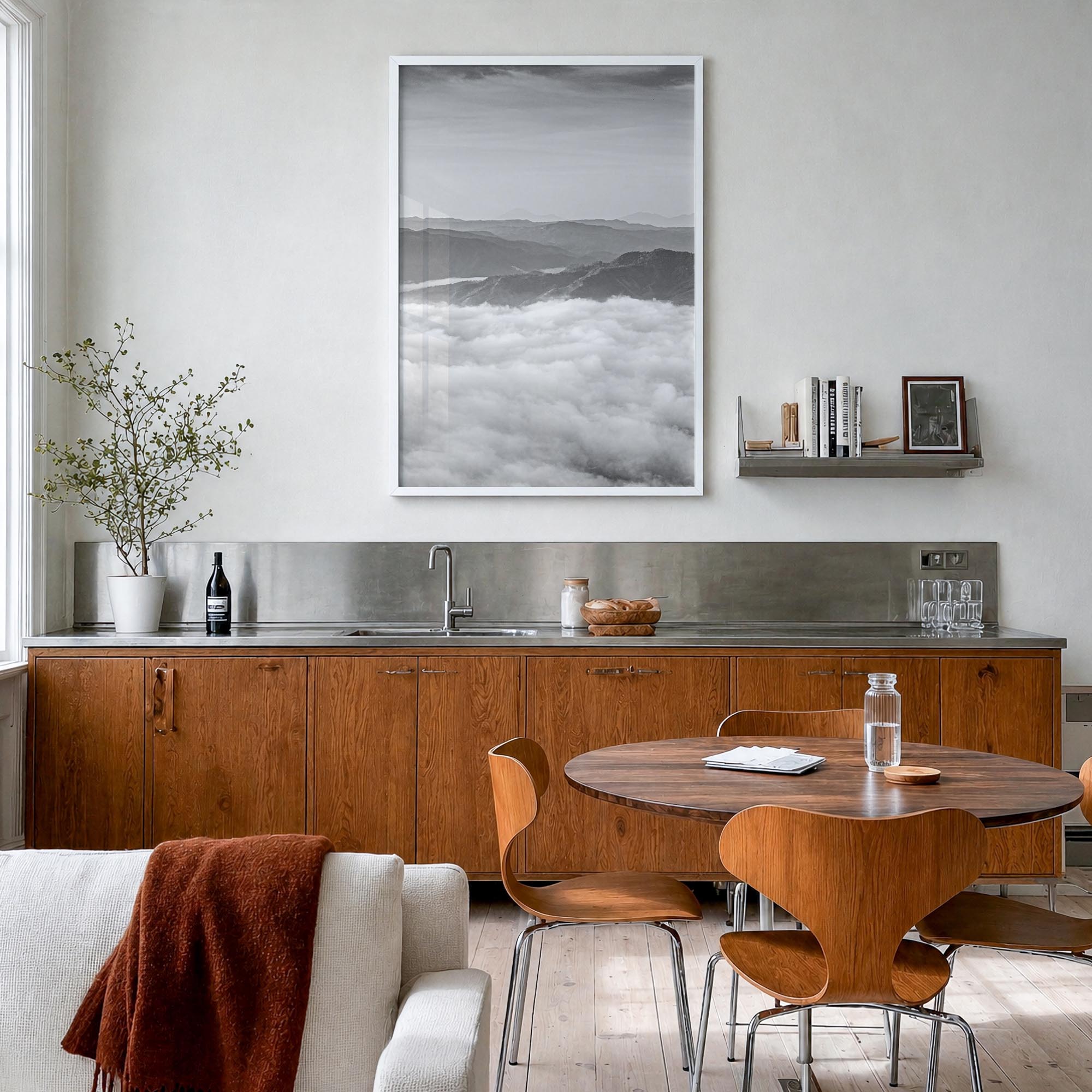 El Salvador black & white photo poster of Central America – vertical wall art in white wood frame, hanging on wall