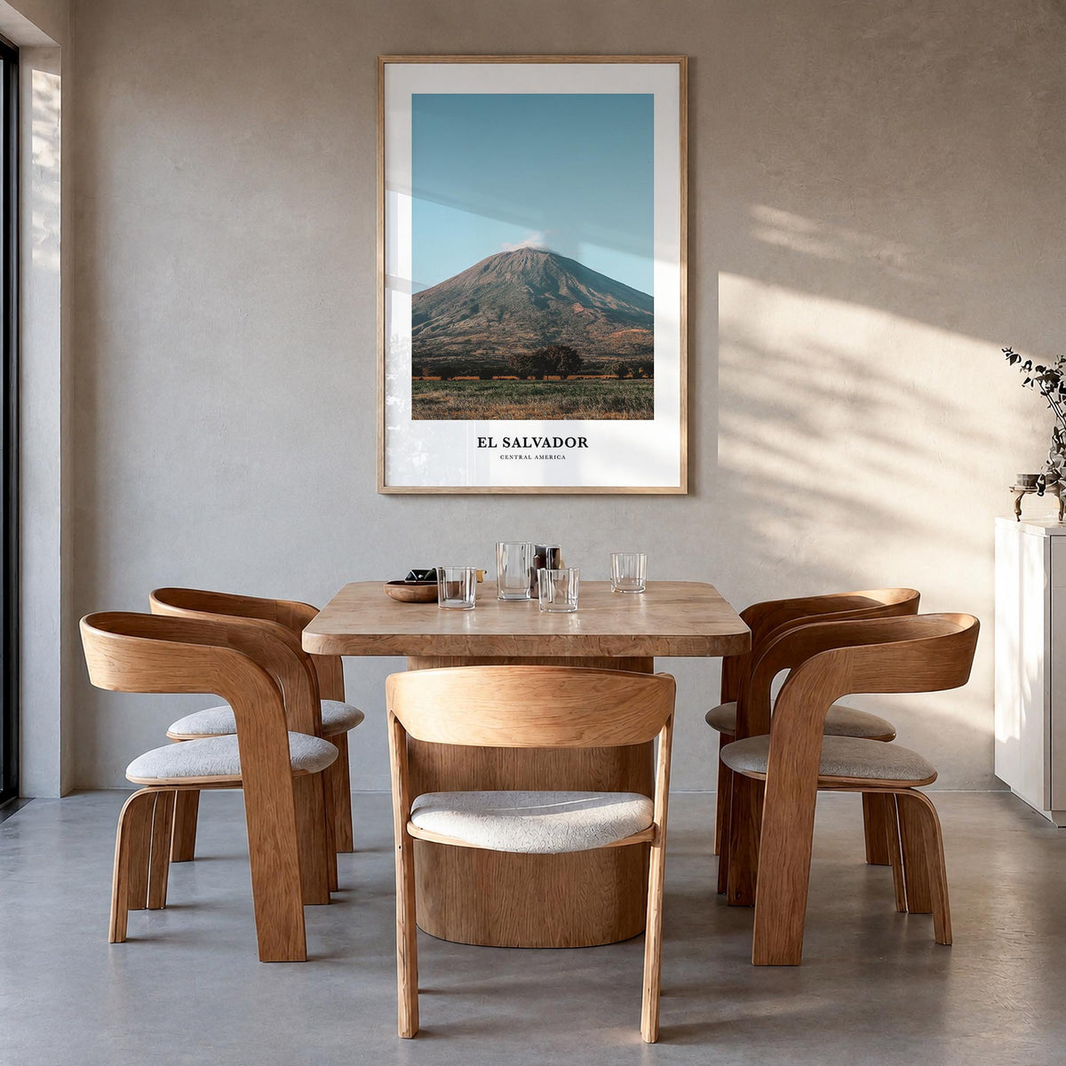 El Salvador colorful classic poster of Central America – vertical wall art in natural wood frame, hanging on wall