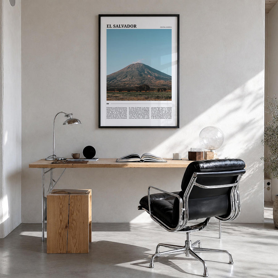 El Salvador colorful travel poster of Central America – vertical wall art in black wood frame, hanging on wall