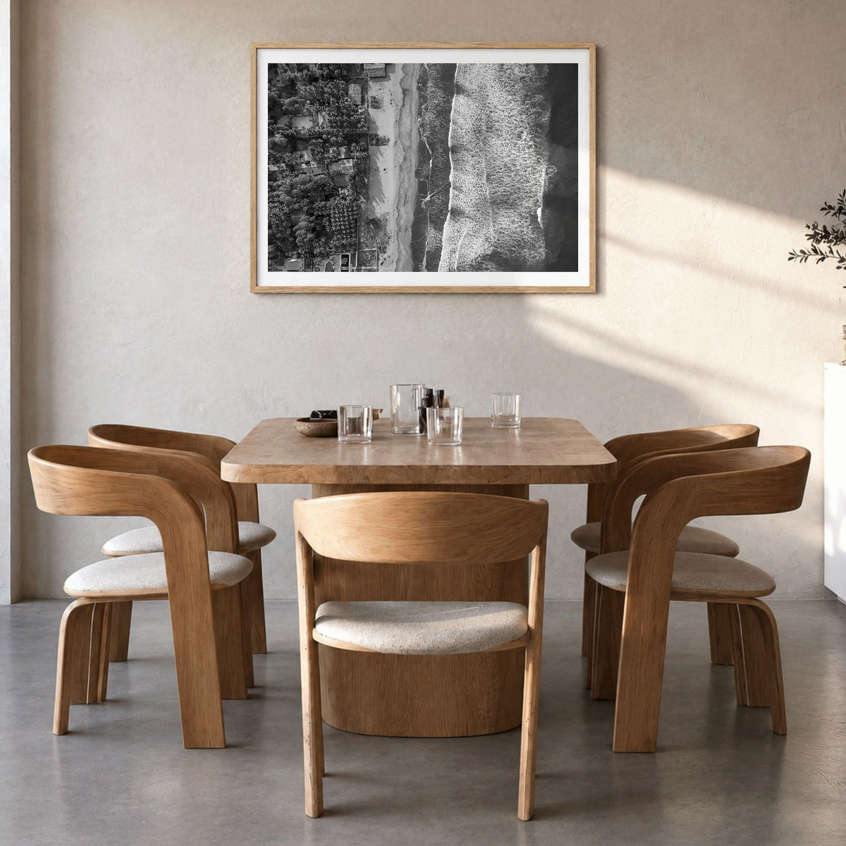 El Salvador Photo Poster in a natural wood frame, hanging in a dining room, white border