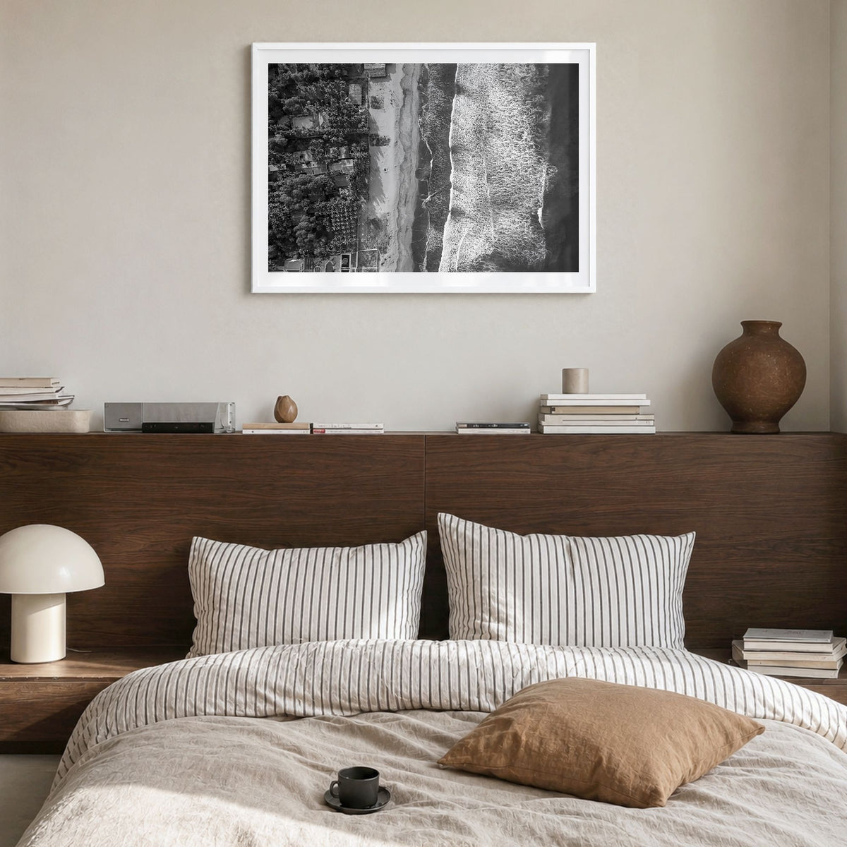 El Salvador Photo Poster in a white wood frame, hanging in a bedroom, white border