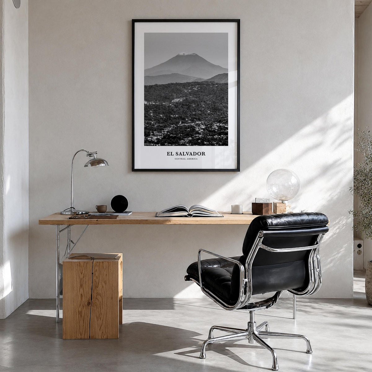 El Salvador no. 1 black & white classic poster of Central America – vertical wall art in black wood frame, hanging on wall