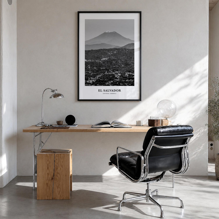 El Salvador no. 1 black & white classic poster of Central America – vertical wall art in black wood frame, hanging on wall
