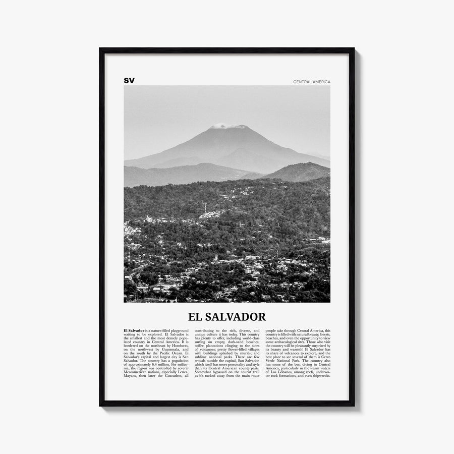 El Salvador no. 1 black & white newspaper poster of Central America – vertical wall art, unframed print shown in interior moc