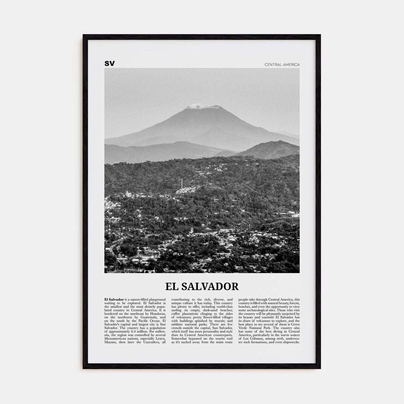 El Salvador No 1 Poster Black Wood / 8x12 in Nbourhood Travel B&W Poster