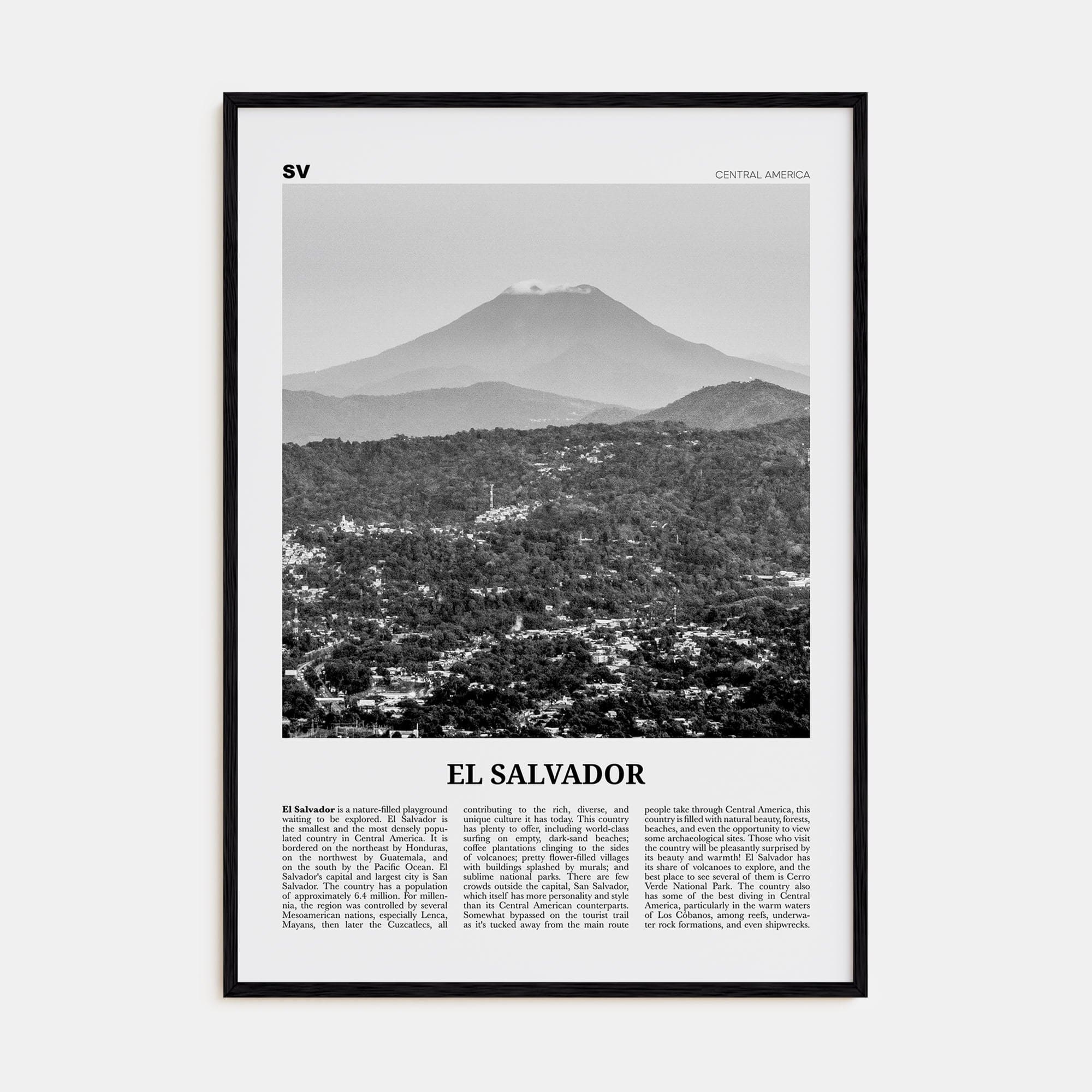 El Salvador No 1 Poster Black Wood / 8x12 in Nbourhood Travel B&W Poster