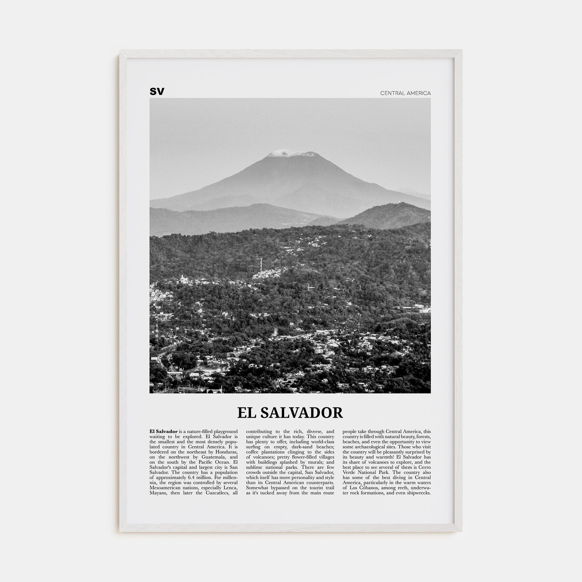 El Salvador No 1 Poster White Wood / 8x12 in Nbourhood Travel B&W Poster