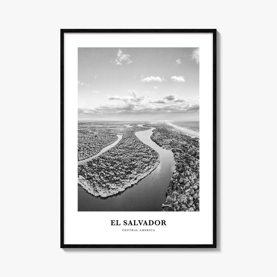 El Salvador no. 2 black & white classic poster of Central America – vertical wall art, unframed print shown in interior mocku