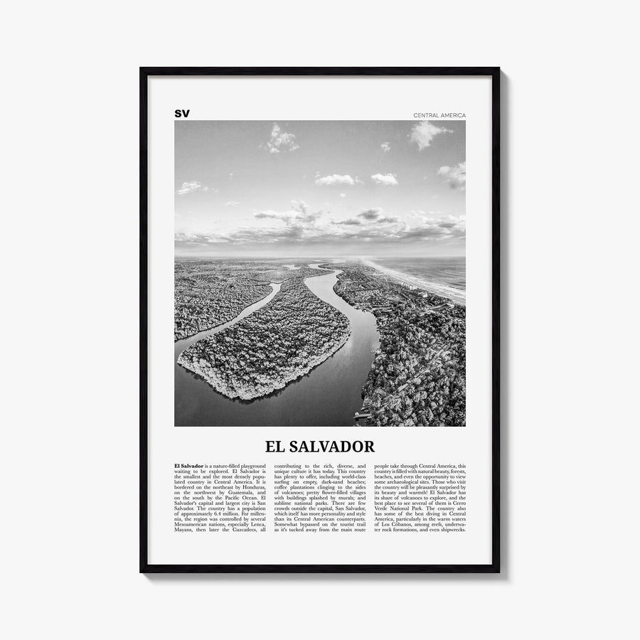El Salvador no. 2 black & white newspaper poster of Central America – vertical wall art, unframed print shown in interior moc