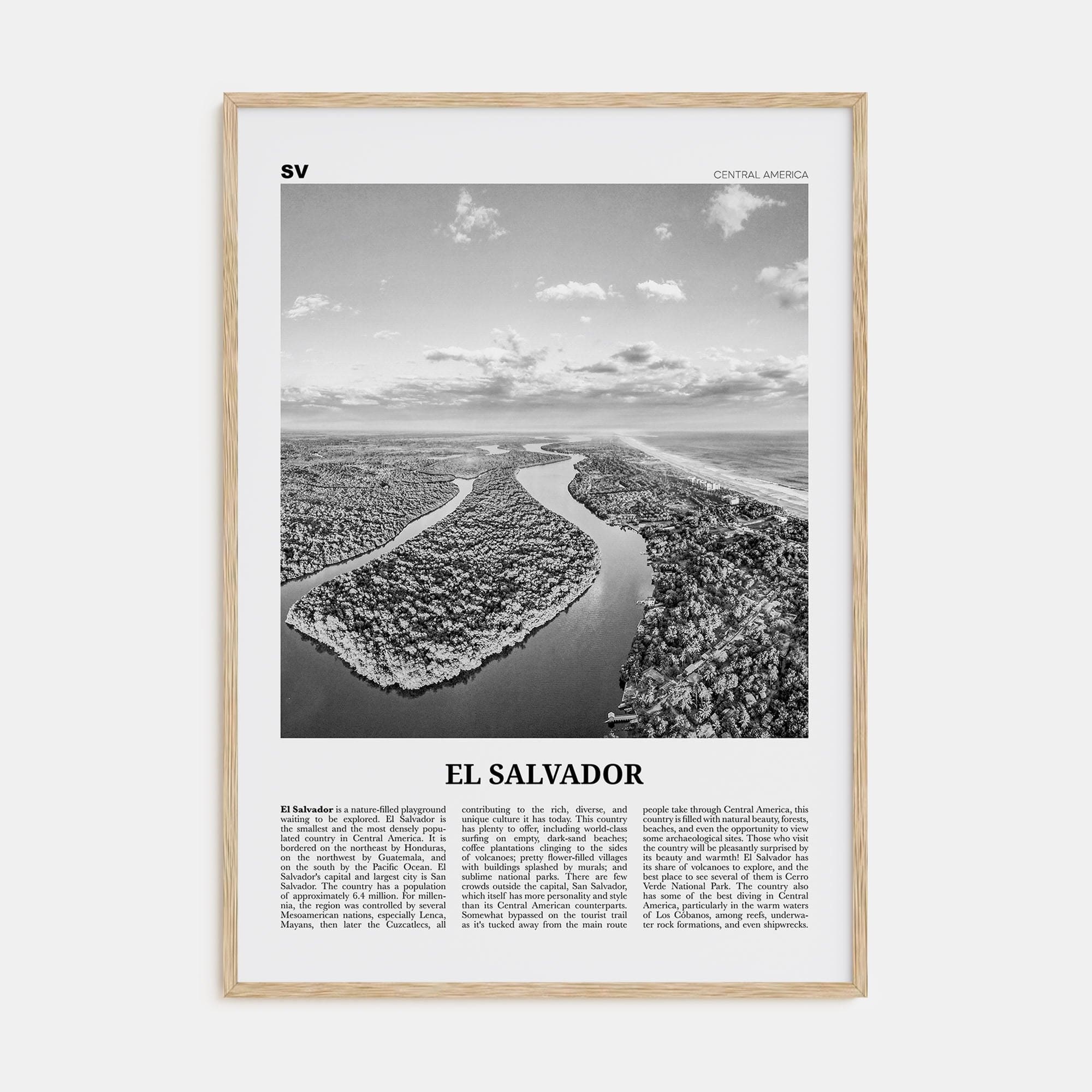 El Salvador No 2 Poster Natural Wood / 8x12 in Nbourhood Travel B&W Poster