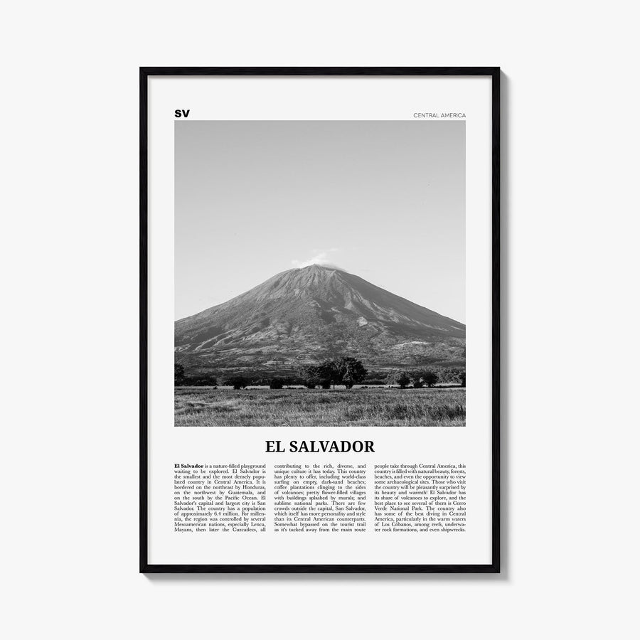 El Salvador no. 3 black & white newspaper poster of Central America – vertical wall art, unframed print shown in interior moc