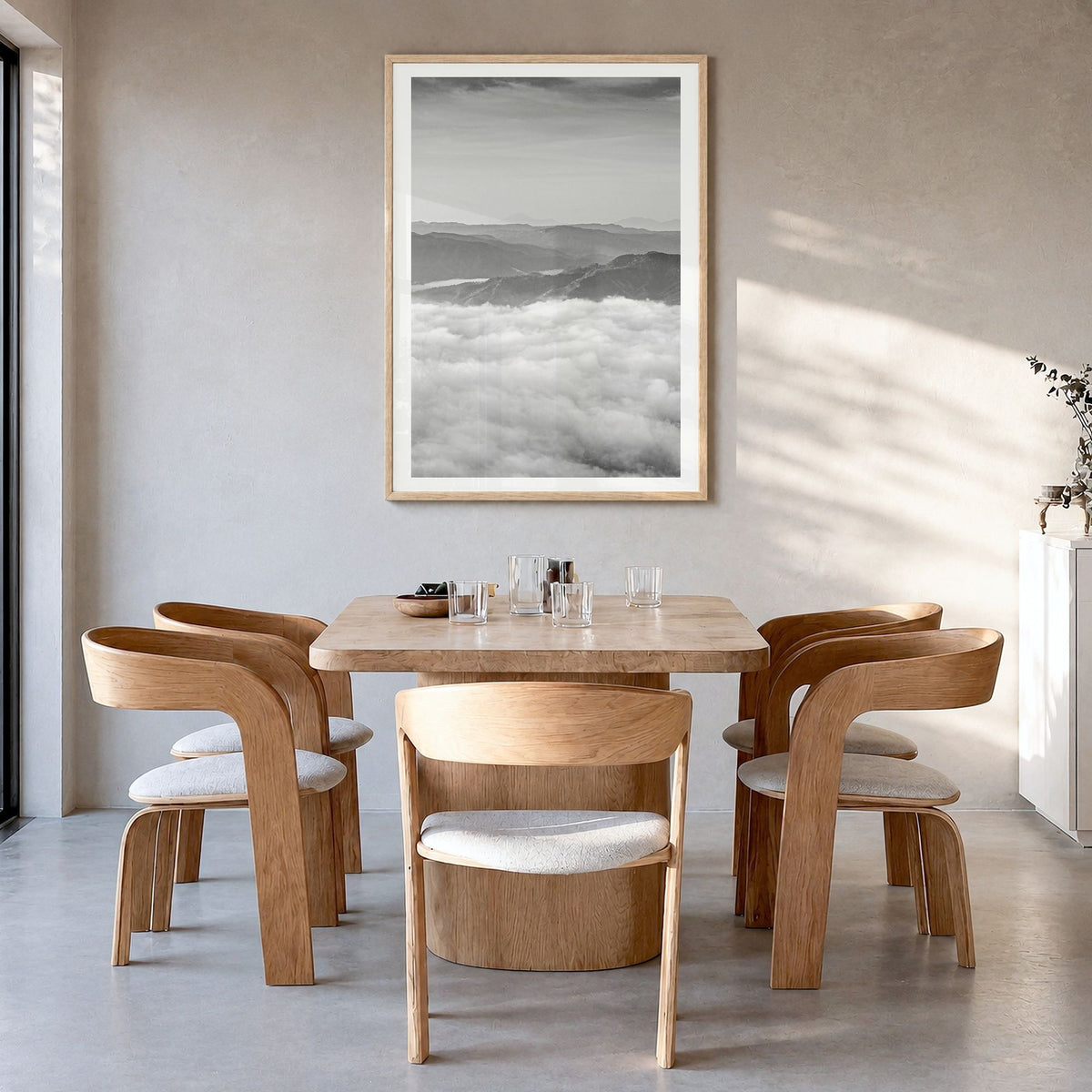 El Salvador Photo Poster in a natural wood frame, hanging in a dining room, white border