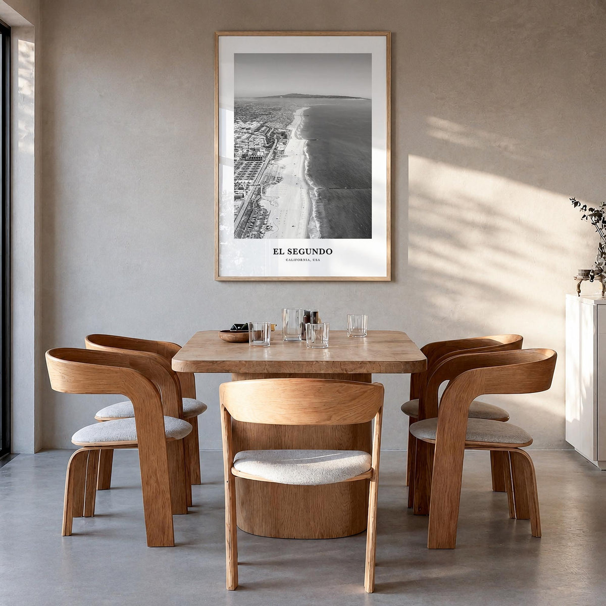 El Segundo black & white classic poster of California, USA – vertical wall art in natural wood frame, hanging on wall