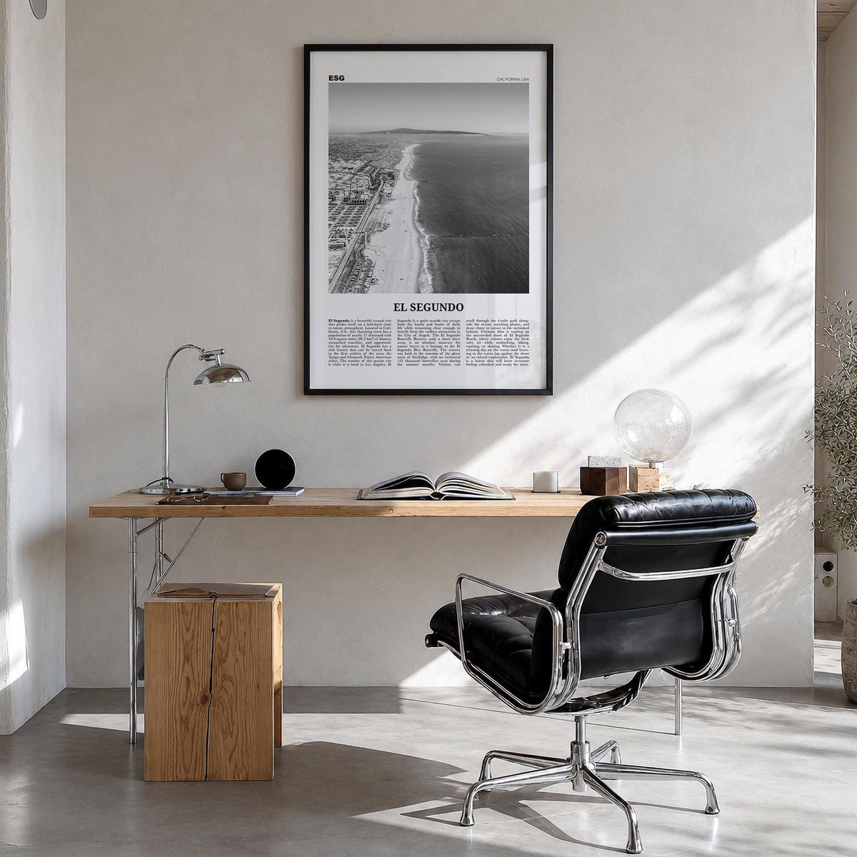 El Segundo black & white newspaper poster of California, USA – vertical wall art in black wood frame, hanging on wall