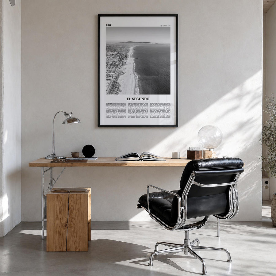 El Segundo black & white newspaper poster of California, USA – vertical wall art in black wood frame, hanging on wall