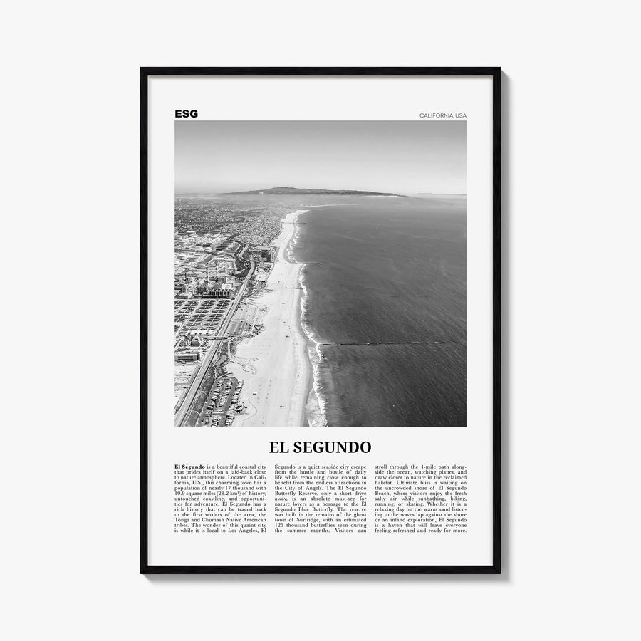 El Segundo black & white newspaper poster of California, USA – vertical wall art, unframed print shown in interior mockup