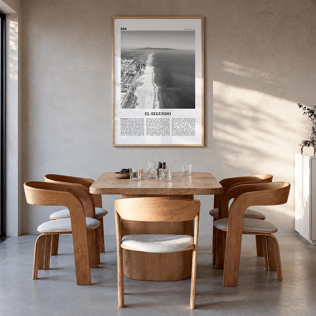 El Segundo black & white newspaper poster of California, USA – vertical wall art in natural wood frame, hanging on wall