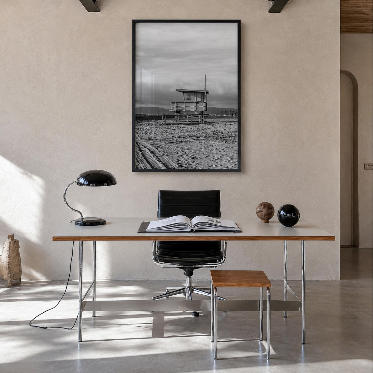 El Segundo black & white photo poster of California, USA – vertical wall art in black wood frame, hanging on wall