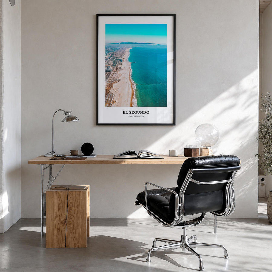 El Segundo colorful classic poster of California, USA – vertical wall art in black wood frame, hanging on wall