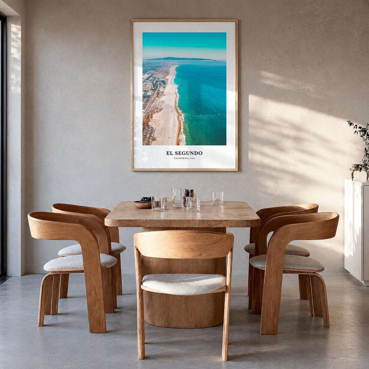 El Segundo colorful classic poster of California, USA – vertical wall art in natural wood frame, hanging on wall