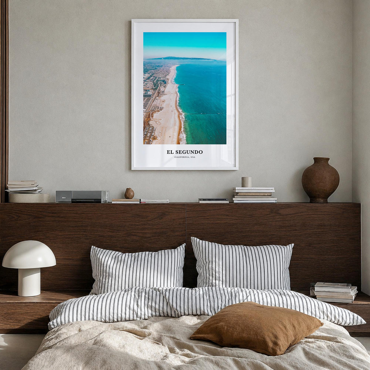 El Segundo colorful classic poster of California, USA – vertical wall art in white wood frame, hanging on wall