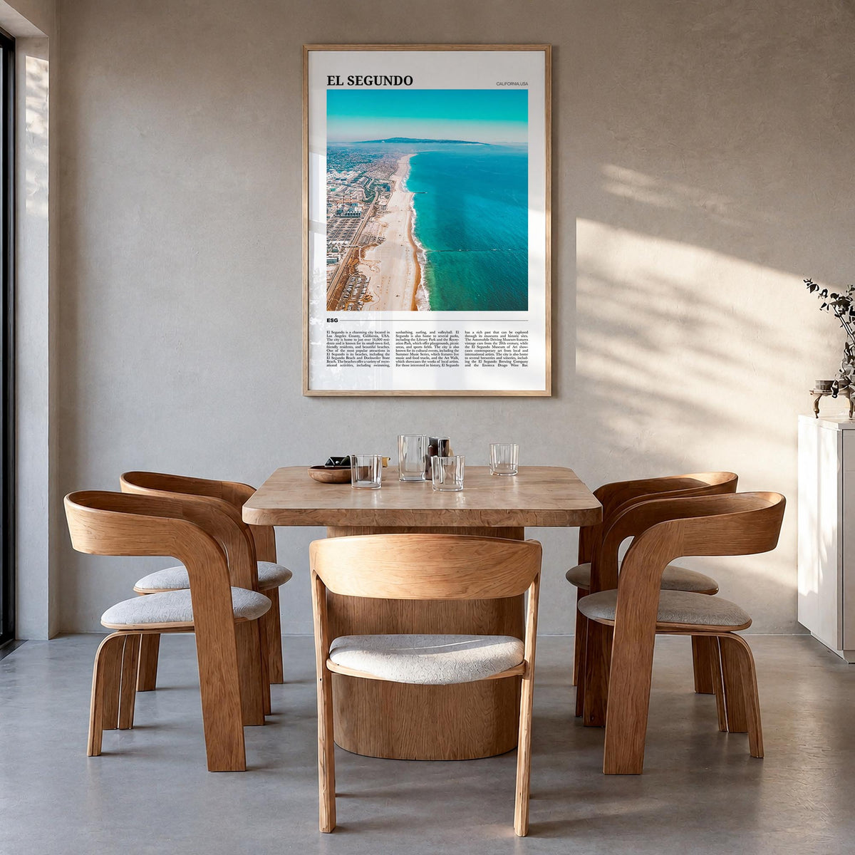 El Segundo colorful travel poster of California, USA – vertical wall art in natural wood frame, hanging on wall