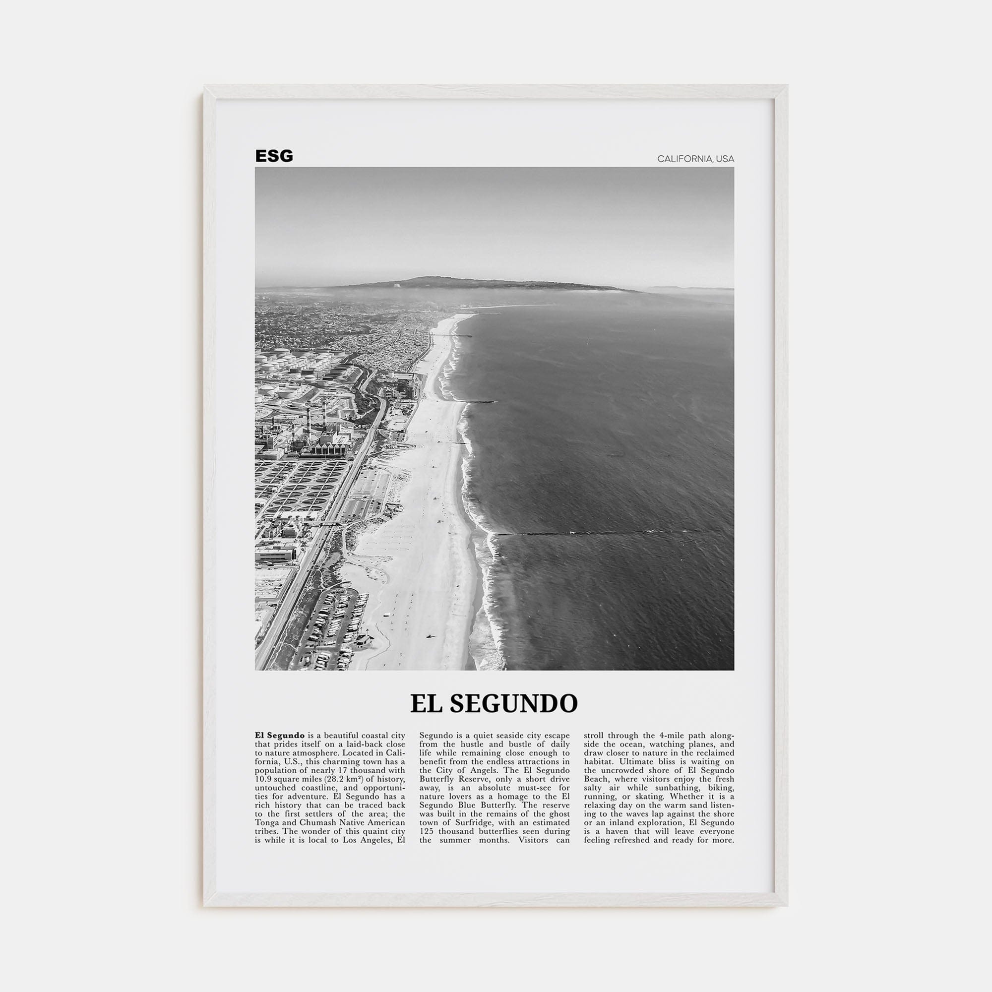 El Segundo Poster White Wood / 8x12 in Nbourhood Travel B&W Poster