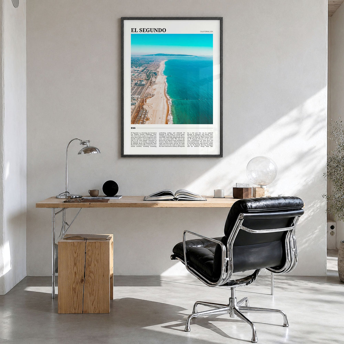 El Segundo Travel Poster in a black wood frame, hanging in a bright home office