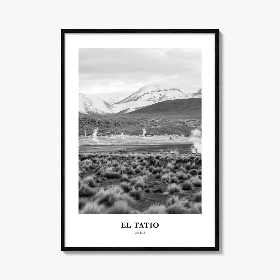El Tatio black & white classic poster of Chile – vertical wall art, unframed print shown in interior mockup