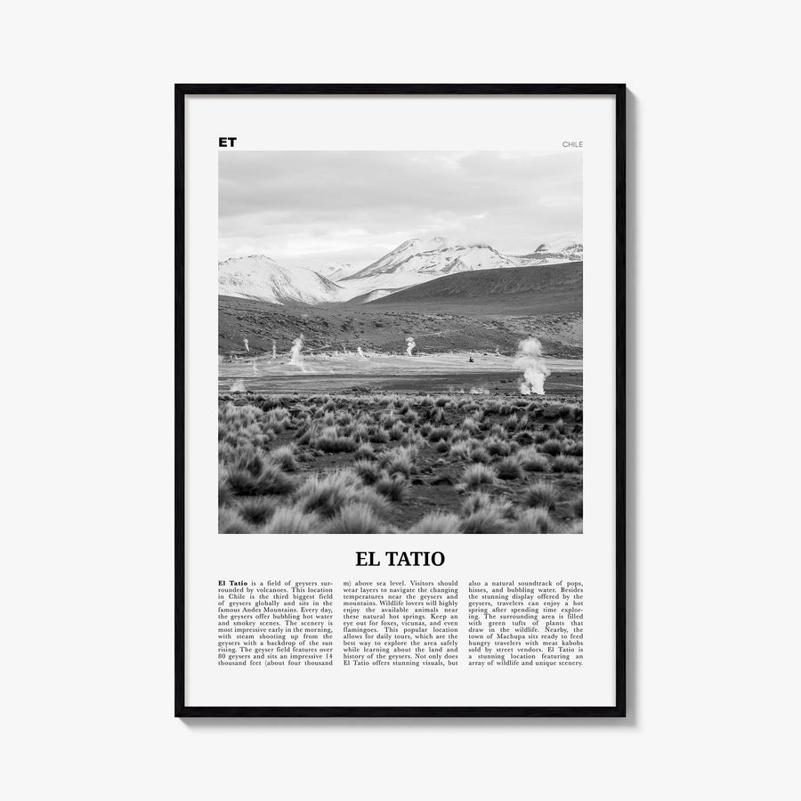 El Tatio black & white newspaper poster of Chile – vertical wall art, unframed print shown in interior mockup