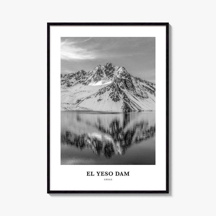 El Yeso Dam black & white classic poster of Chile – vertical wall art, unframed print shown in interior mockup