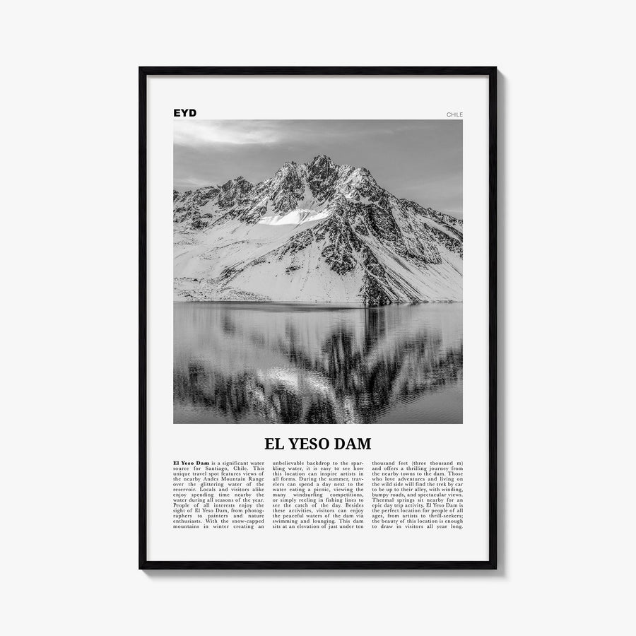 El Yeso Dam black & white newspaper poster of Chile – vertical wall art, unframed print shown in interior mockup